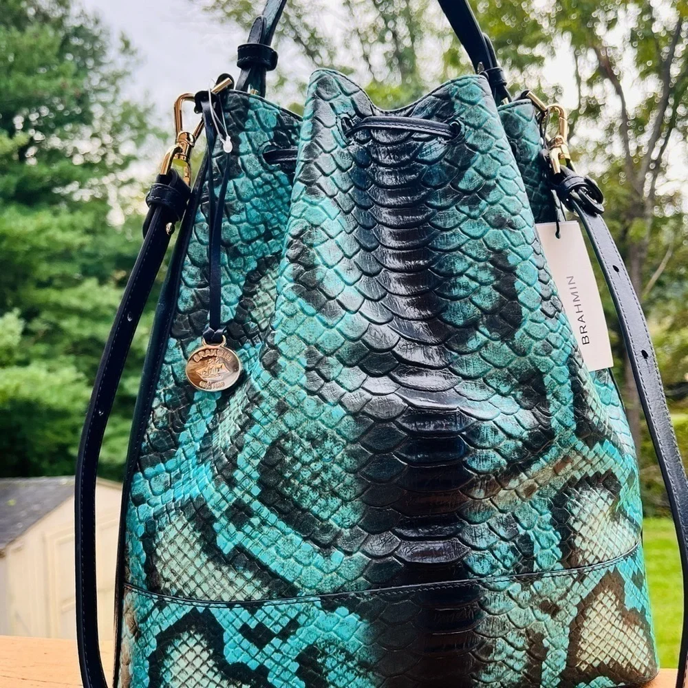 Brahmin Marlowe Blue Waterford Bucket Bag Leather NWT